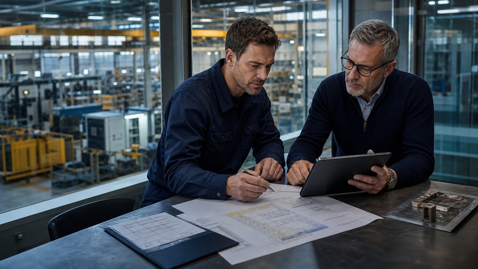 Manufacturing leaders reviewing operations beside production equipment