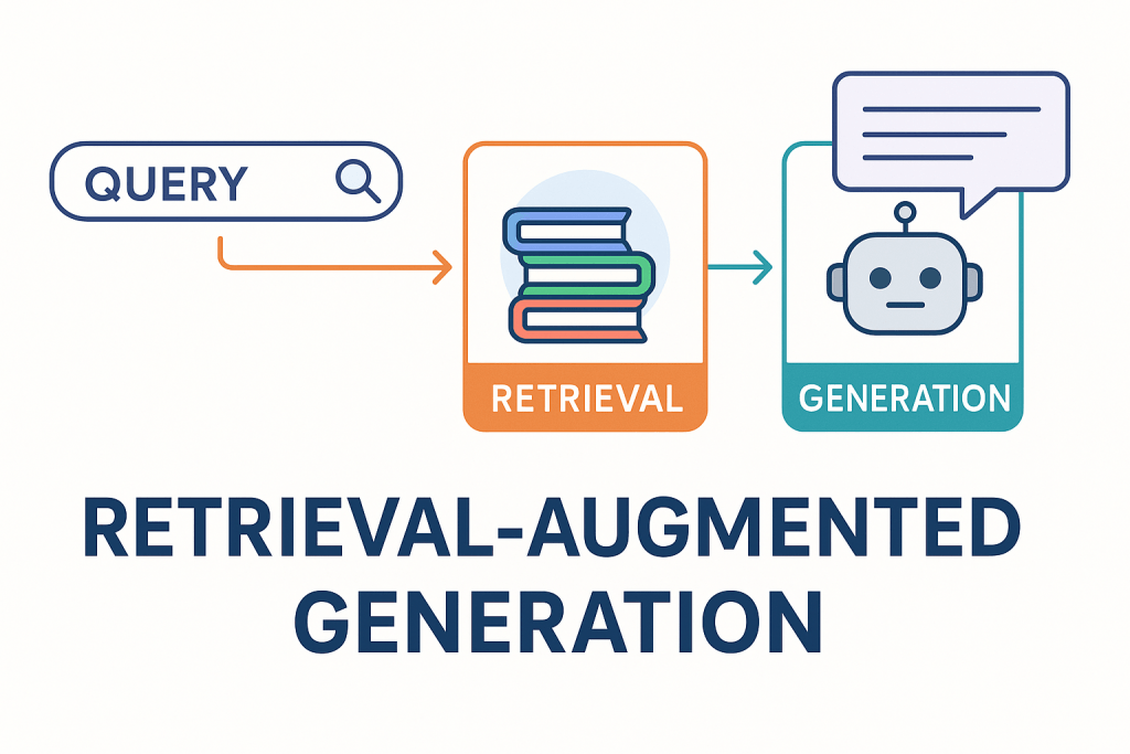 Diagram of retrieval-augmented generation. A query flows into a retrieval step, shown as a stack of books, and on to a generation step, shown as a robot with a speech bubble.