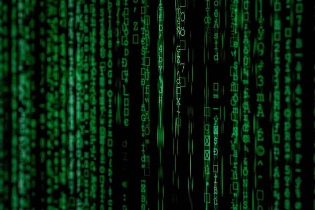 Decorative image of green Matrix-style characters falling down a black screen.