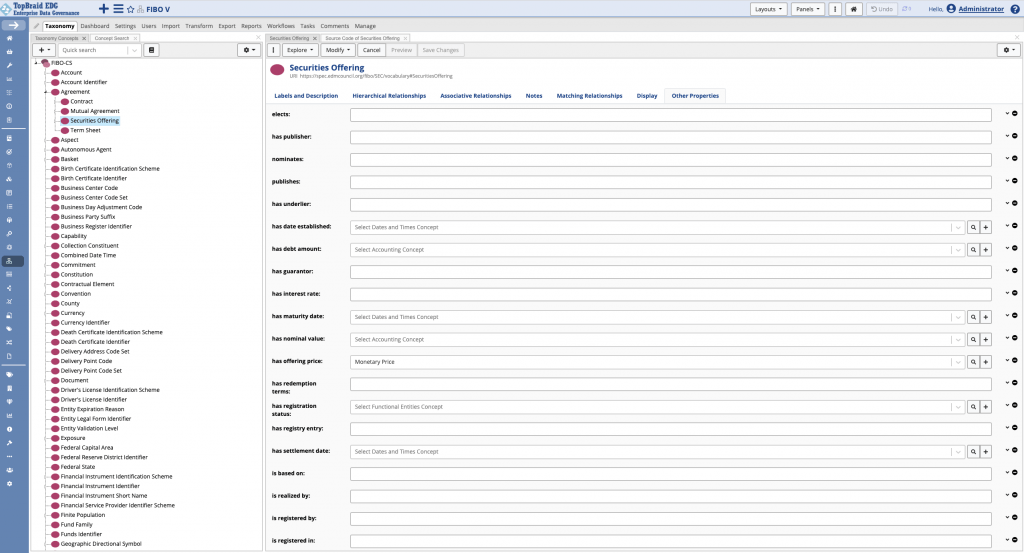 Edit form for the Securities Offering concept in FIBO-V, showing roughly twenty property rows. Almost every field is empty, with more properties available further down the form.