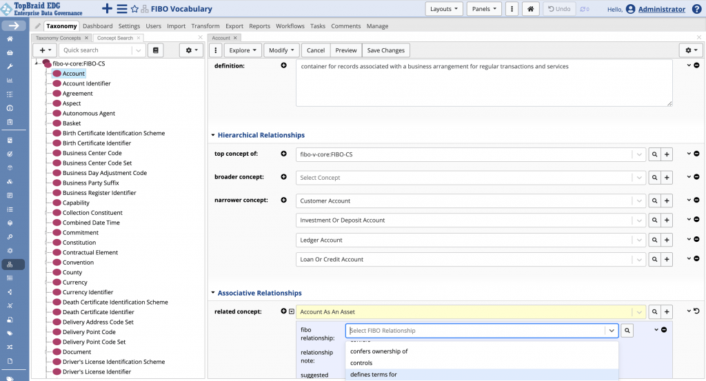The Account concept open for editing in TopBraid EDG. In the Associative Relationships section, the related concept Account As An Asset has a Select FIBO Relationship dropdown open, offering options including confers ownership of, controls and defines terms for.
