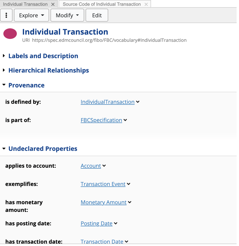 Concept page for Individual Transaction in FIBO-V. Its provenance points to the FBC specification, and its undeclared properties include applies to account, exemplifies, has monetary amount, has posting date and has transaction date.