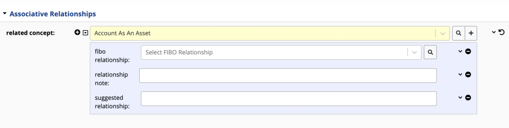 Close-up of the Associative Relationships section. The related concept Account As An Asset carries three nested annotation fields: a FIBO relationship, a relationship note and a suggested relationship.