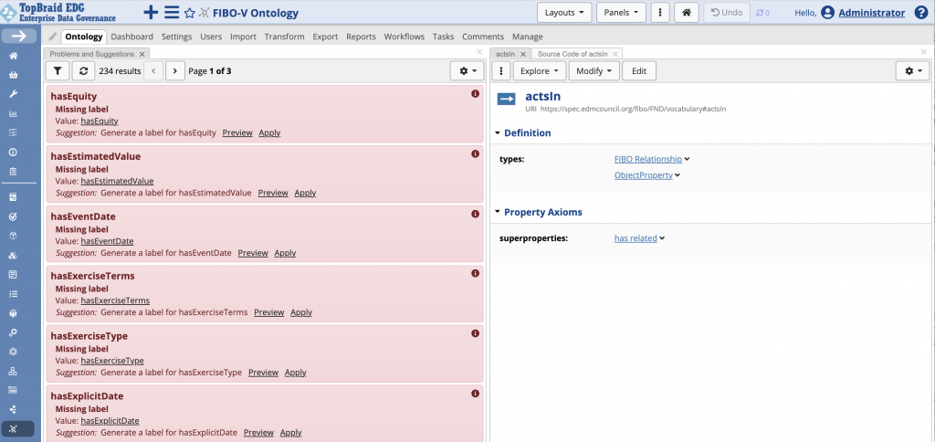 Validation results for the FIBO-V ontology in TopBraid EDG, reporting 234 problems across three pages. Each row flags a property with a missing label, such as hasEquity and hasEventDate, and offers a suggestion to generate the label with Preview and Apply links.