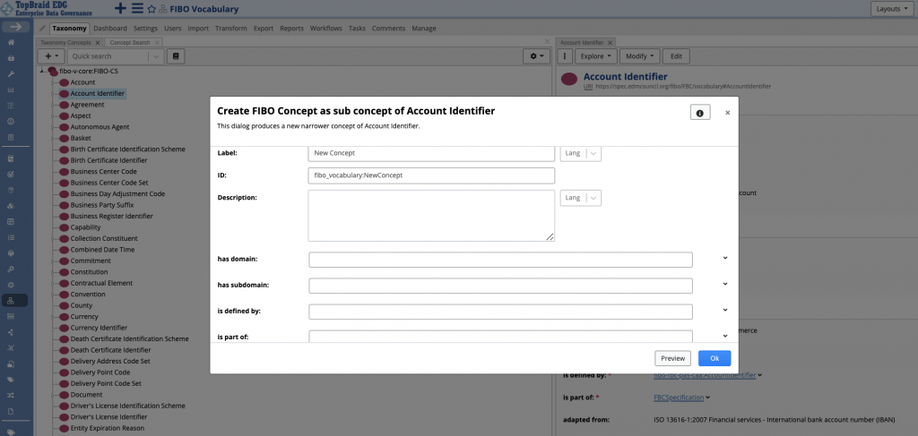 Create FIBO Concept dialog for adding a narrower concept beneath Account Identifier. It asks for a label, an ID and a description, and shows has domain, has subdomain, is defined by and is part of as required fields.