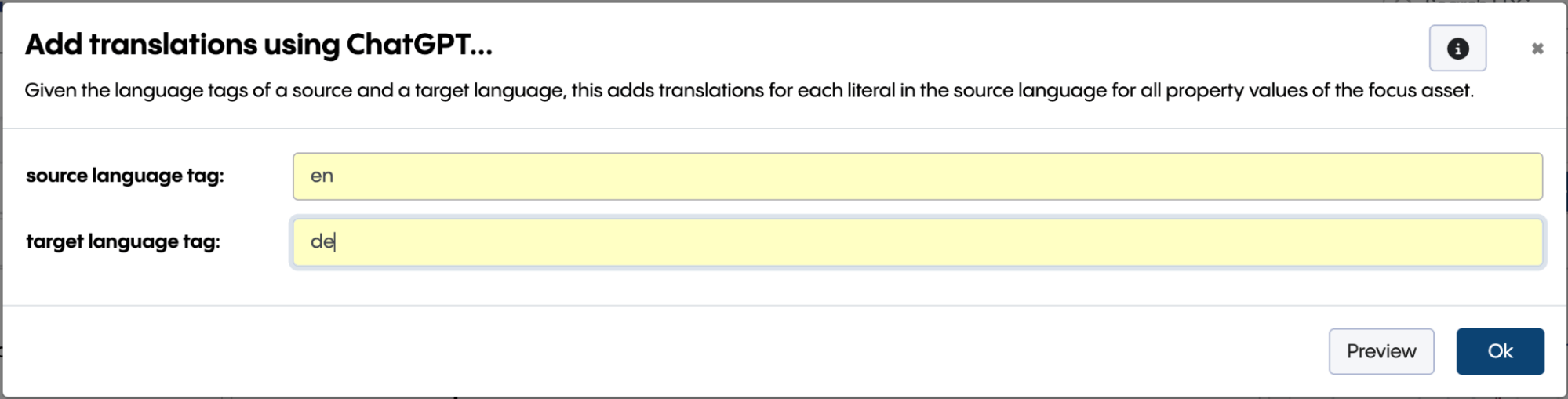 Add translations using ChatGPT dialog in TopBraid EDG, with the source language tag set to en and the target language tag set to de.