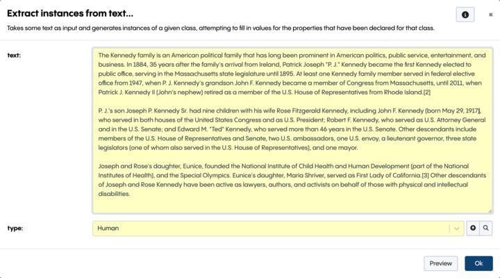 Extract instances from text dialog in TopBraid EDG. A passage about the Kennedy family is pasted into the text field and the target type is set to Human, so the tool will create one instance per person mentioned.