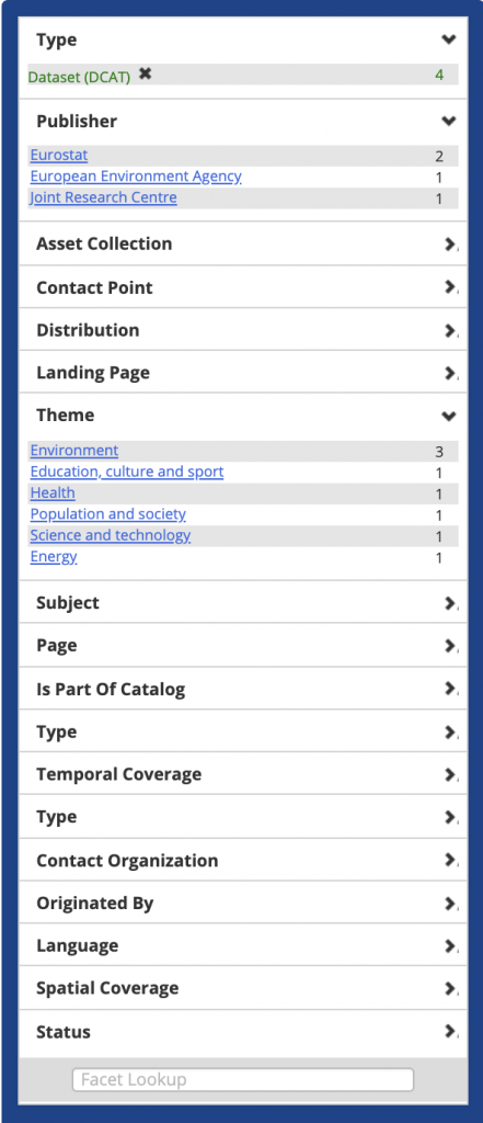 The TopBraid EDG facet panel expanded to show every available facet, including Publisher, Asset Collection, Contact Point, Distribution, Theme, Subject, Temporal Coverage, Language, Spatial Coverage and Status. Publisher lists Eurostat with two datasets, and Theme lists Environment with three.