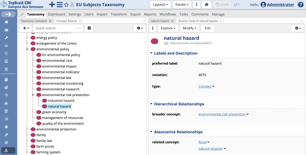 TopBraid EDG EU Subjects Taxonomy. The environmental policy branch of the tree is expanded with natural hazard selected, and the right panel shows its preferred label, notation 4075, its broader concept of environmental risk prevention and related concepts of flood and natural disaster.