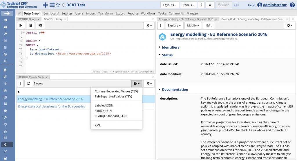 TopBraid EDG running a SPARQL query that selects datasets by their EuroVoc subject. The results table returns two energy datasets, an export menu offers CSV, TSV, three JSON flavours and XML, and the right panel shows the selected dataset with its issued date and description.