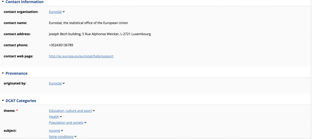 Further sections of the dataset page in TopBraid EDG, covering contact information for Eurostat in Luxembourg, provenance showing Eurostat as originator, and DCAT categories listing three themes and two subjects.