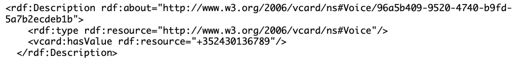 RDF/XML for the vcard:Voice resource. It is typed as vcard:Voice and its hasValue is the bare number +352430136789, with no URL scheme.