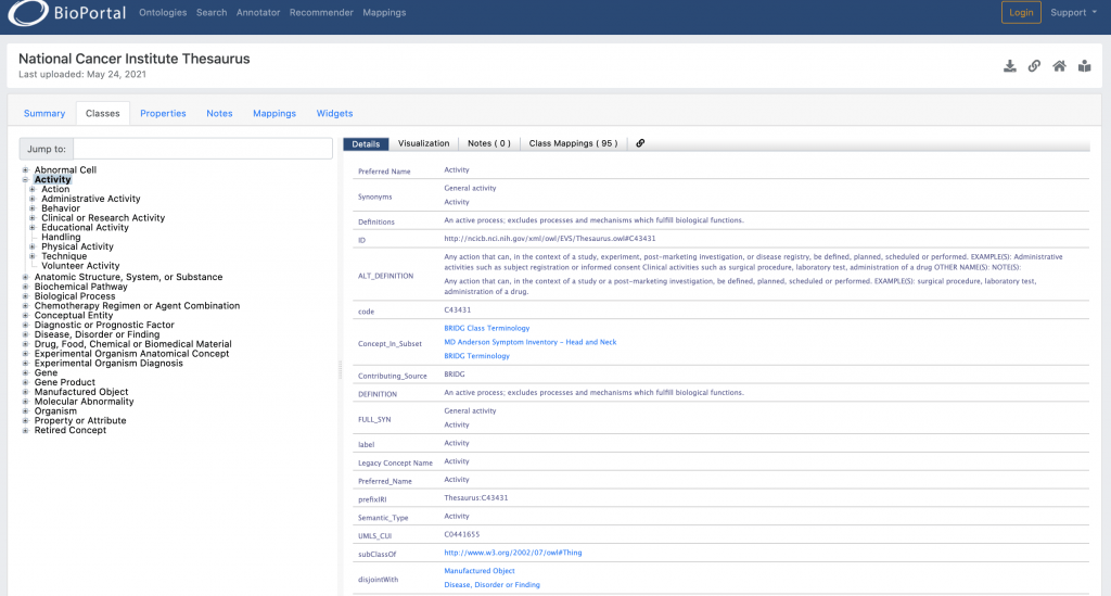 BioPortal page for the National Cancer Institute Thesaurus with the Activity class selected. The details panel lists its preferred name, synonyms, definition, code C34431, semantic type, and that it is a subclass of owl:Thing and disjoint with Manufactured Object.