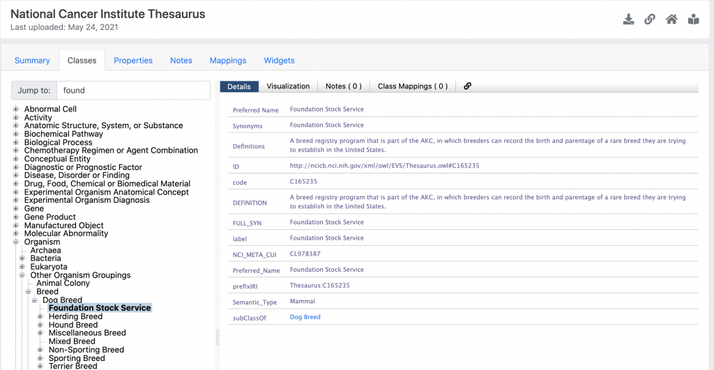 BioPortal page for the National Cancer Institute Thesaurus with Foundation Stock Service selected under Organism, Other Organism Groupings, Breed and Dog Breed. It is defined as a breed registry program of the AKC, with semantic type Mammal.