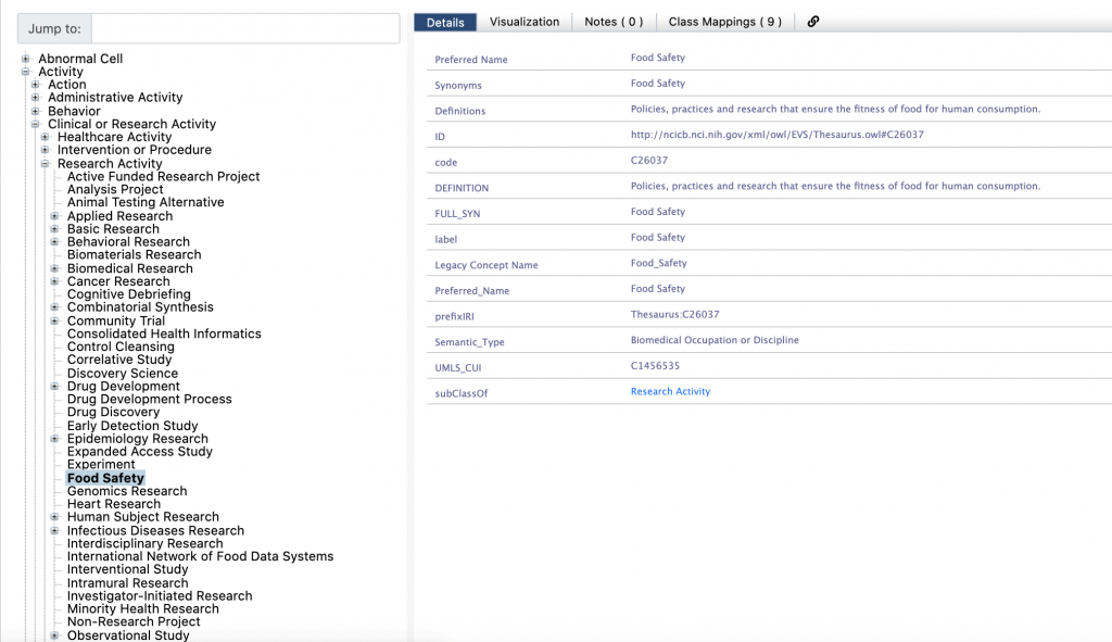 BioPortal page for the National Cancer Institute Thesaurus with Food Safety selected under Research Activity. Its definition is policies, practices and research that ensure the fitness of food for human consumption, and its semantic type is Biomedical Occupation or Discipline rather than an activity.
