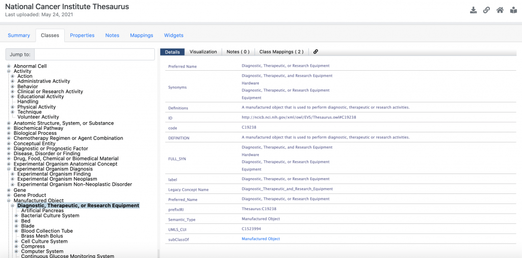BioPortal page for the National Cancer Institute Thesaurus with the class Diagnostic, Therapeutic, or Research Equipment selected under Manufactured Object. The panel shows its synonyms, its definition as a manufactured object used to perform diagnostic, therapeutic and research activities, and code C19238.
