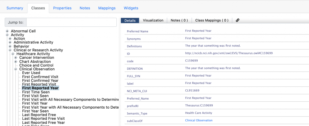 BioPortal page for the National Cancer Institute Thesaurus with First Reported Year selected beneath Healthcare Activity and Clinical Observation. Its definition is the year that something was first noted, and its semantic type is Health Care Activity.