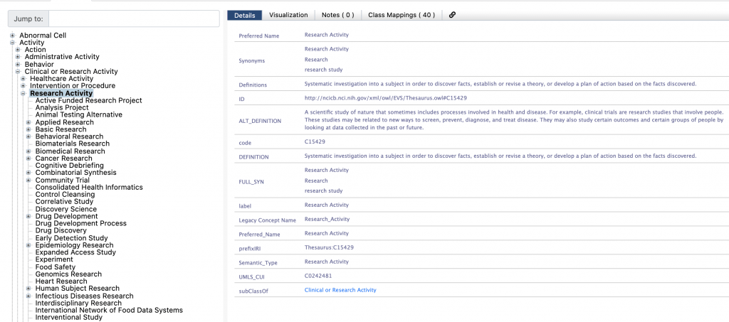 BioPortal page for the National Cancer Institute Thesaurus with Research Activity selected. The panel gives its synonyms, its definition as systematic investigation to discover or revise facts, code C15429, and its parent class Clinical or Research Activity, beside a long list of research activity subclasses.