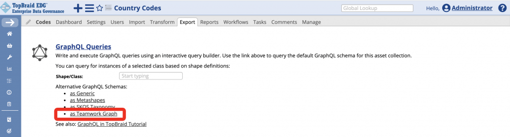TopBraid EDG Export tab for Country Codes with the 'as Teamwork Graph' alternative GraphQL schema link highlighted.