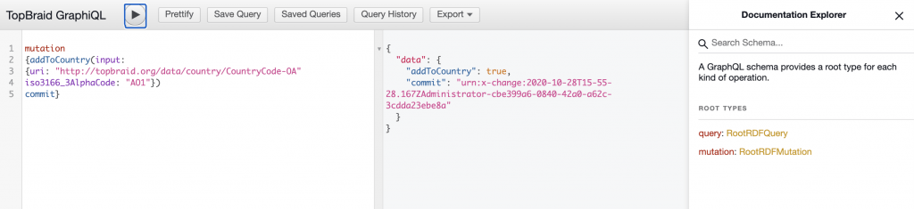 TopBraid GraphiQL editor running an addToCountry mutation that sets a 3 character ISO code on one country. The response returns addToCountry true with a commit identifier, and the Documentation Explorer lists the query and mutation root types.