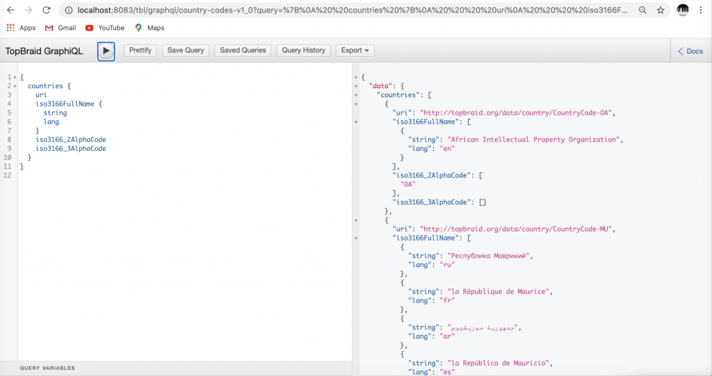 TopBraid GraphiQL editor querying countries for URI, ISO 3166 full name and the 2 and 3 character alpha codes. The results include the African Intellectual Property Organization, which has a 2 character code but an empty 3 character code, and Mauritius with names in several languages.