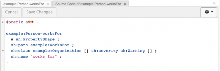 Source code panel in TopBraid EDG showing the works for property shape in Turtle. The class constraint on Organization carries a nested RDF-star annotation in double square brackets setting severity to Warning.