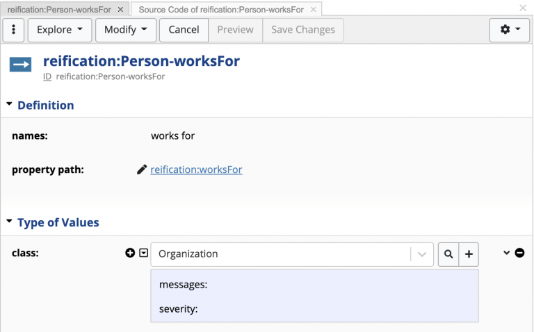 TopBraid EDG editing form for the reification:Person-worksFor property shape, showing its name, its property path and a class constraint set to Organization, with empty messages and severity fields.