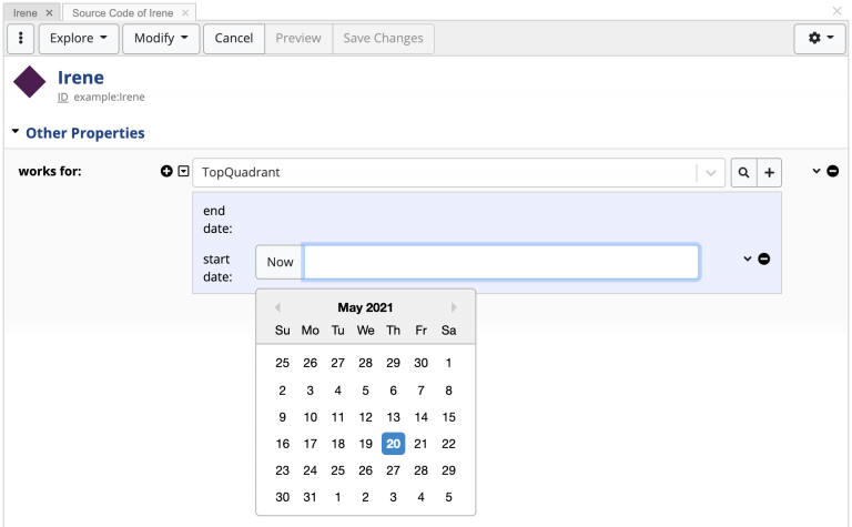 TopBraid EDG editing form for Irene. Her works for value of TopQuadrant is expanded to show nested start date and end date fields, with a date picker open on May 2021.