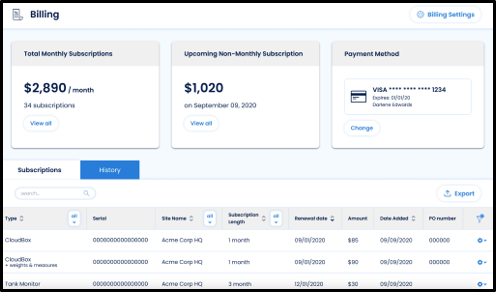 The Billing tab of the FuelCloud Web Portal with new summary sections