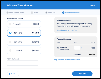 Modal for Adding a Tank Monitor that includes the new subscription options