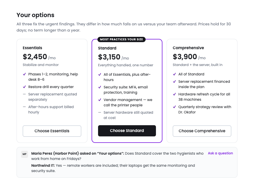 The options section of the client page: three priced plans, accepted in place
