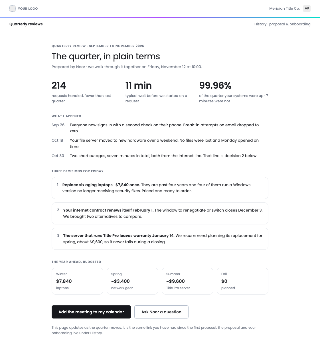 The client review page: the quarter in plain terms