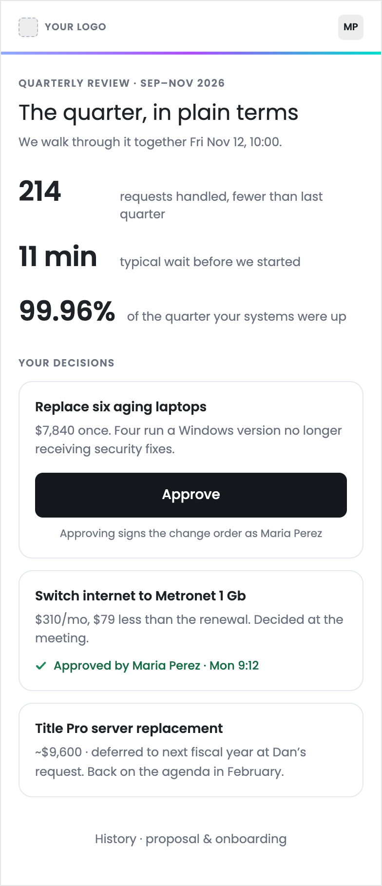 The review on the client's phone: three plain numbers and one Approve button