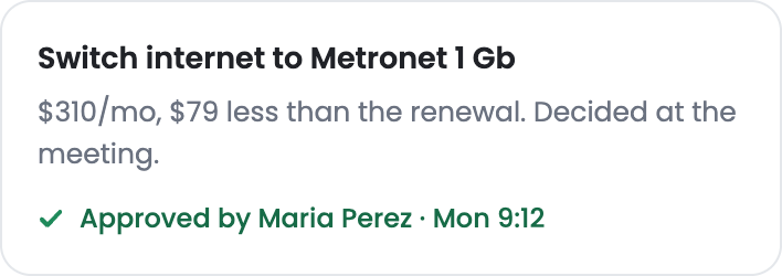 A decision stamped: approved by Maria Perez