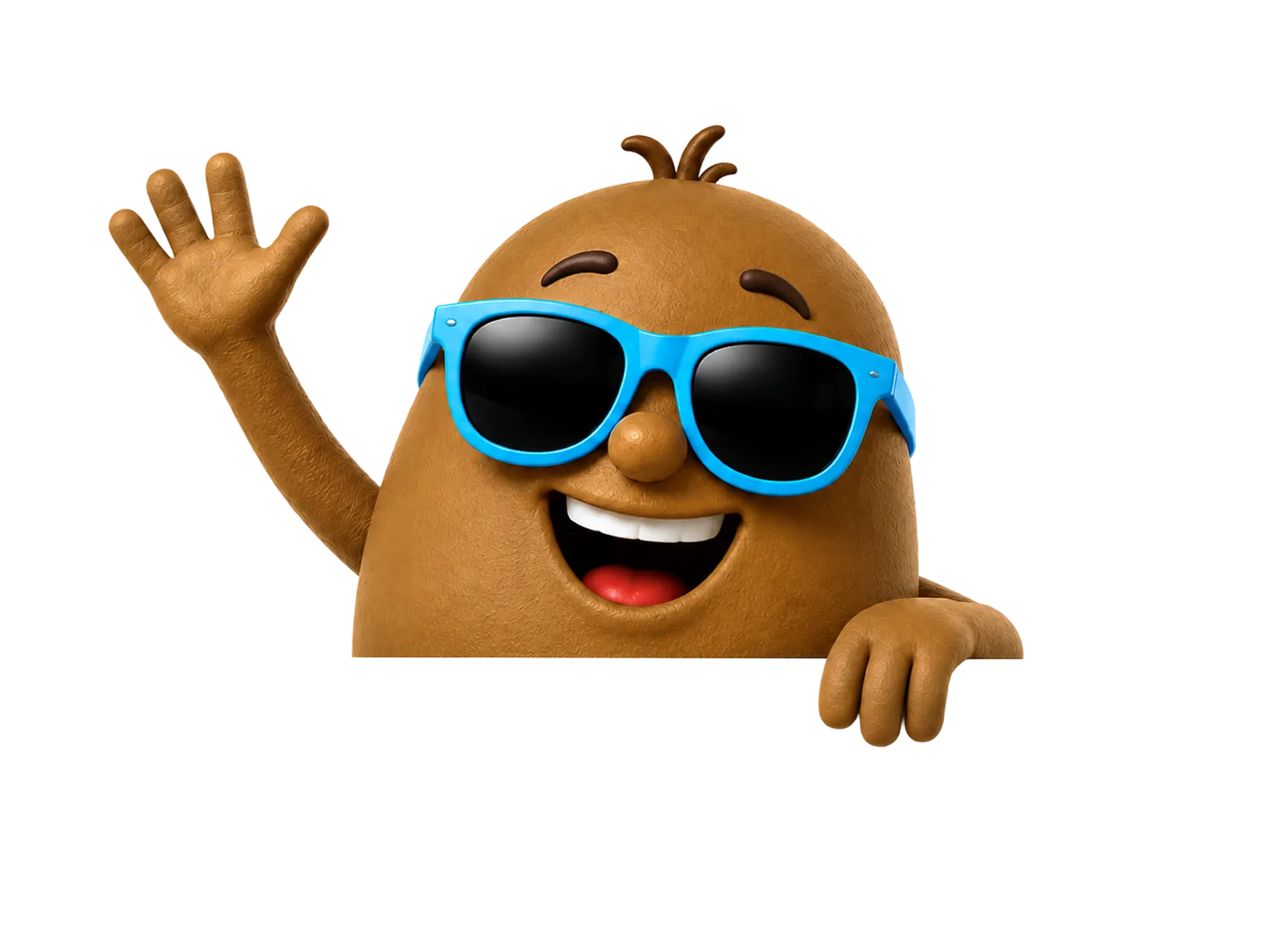 Personaje de kiwi sonriente con gafas de sol azules saludando con la mano derecha.