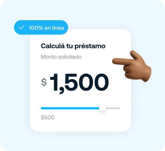 Calculadora de préstamo con monto solicitado $1,500 y etiqueta que dice 100% en línea.