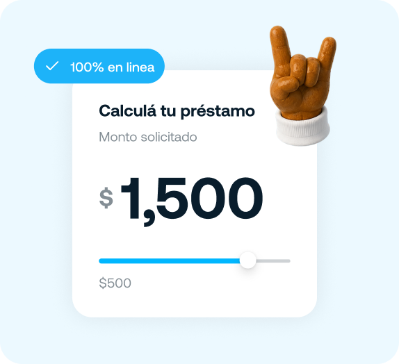 Calculadora de préstamo con monto solicitado $1,500 y etiqueta que dice 100% en línea.
