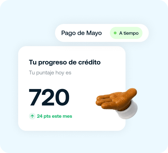 Tarjeta de progreso de crédito con puntaje 720 y pago de mayo a tiempo, mostrando aumento de 24 puntos.