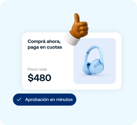 Auriculares azules con texto que indica compra en cuotas por $480 y aprobación en minutos.