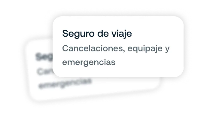 Card with text that reads: Travel insurance, cancellations, luggage, and emergencies.