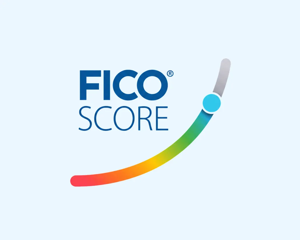FICO score indicator with a marker in the blue-green section of the color scale.
