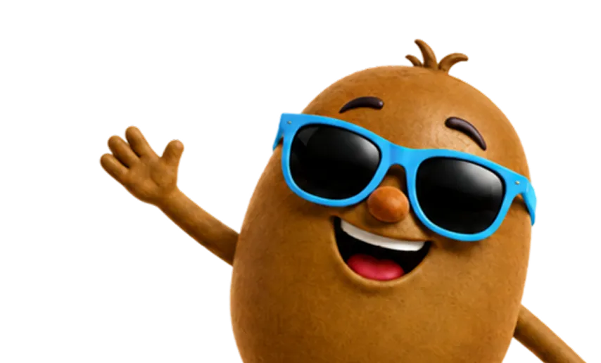 Personaje kiwi animado con gafas de sol azules saludando junto a una pared blanca sobre fondo azul.