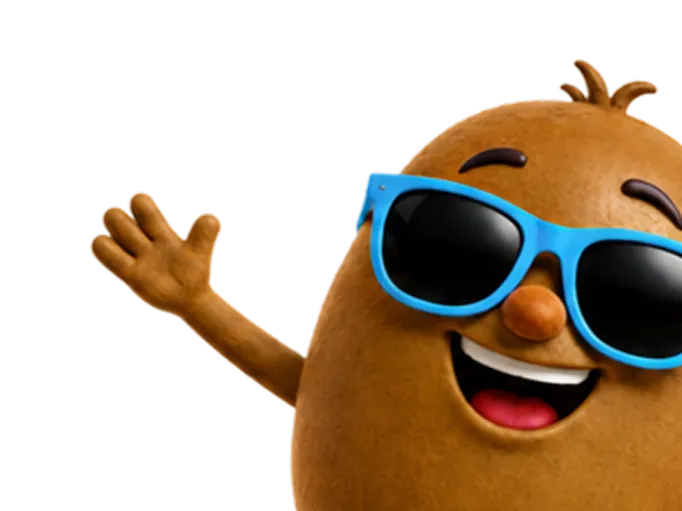 Personaje kiwi animado con gafas de sol azules saludando junto a una pared blanca sobre fondo azul.