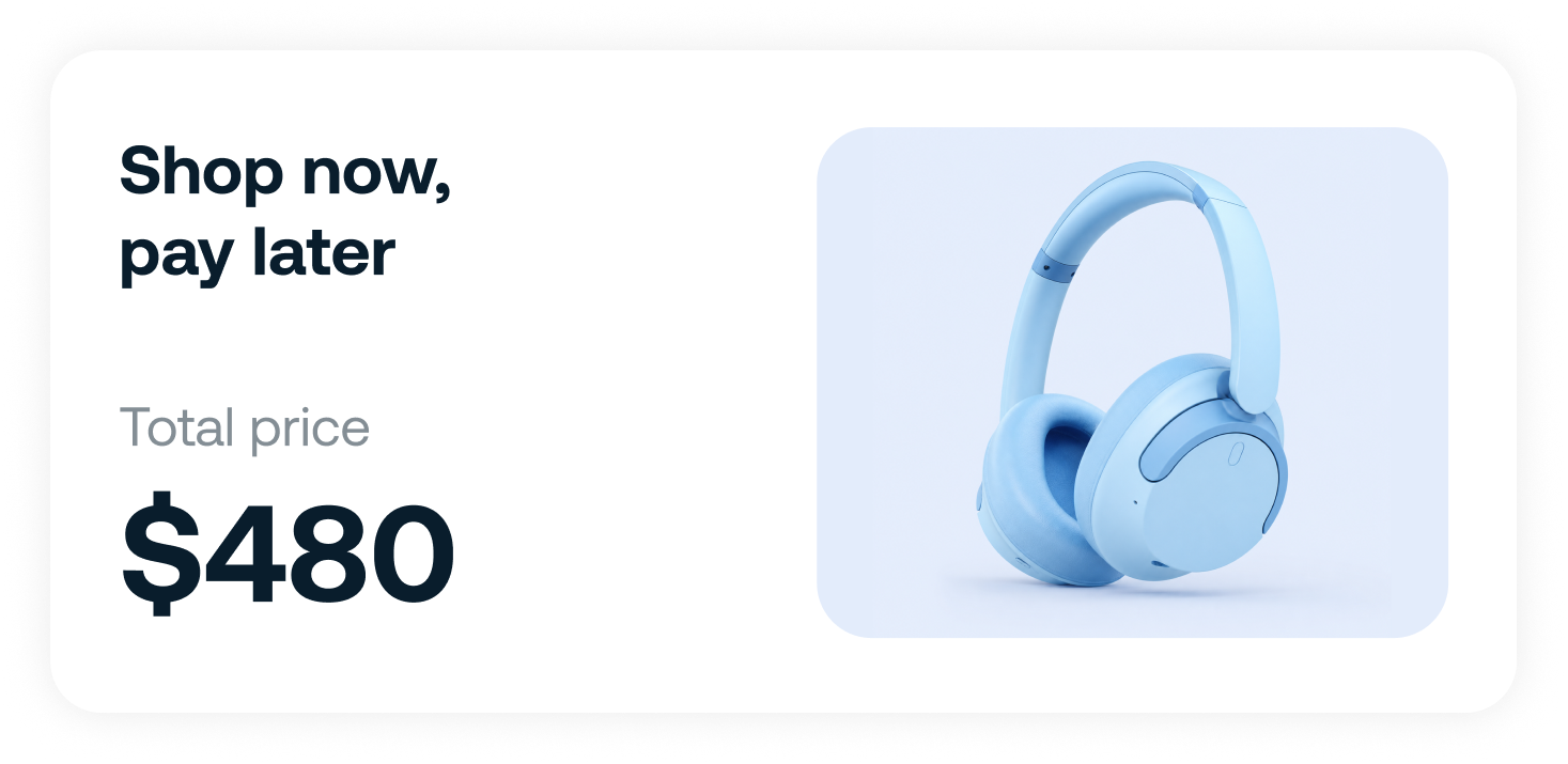 Blue wireless headphones on a light background with a price tag of $480 in installments.