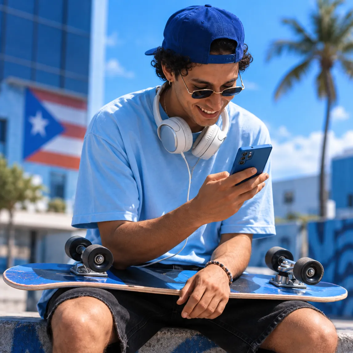 Joven con gorra azul, camiseta azul y auriculares blancos alrededor del cuello, sentado con un patineta en las piernas mientras sonríe mirando su celular azul al aire libre con edificio y palmera de fondo.