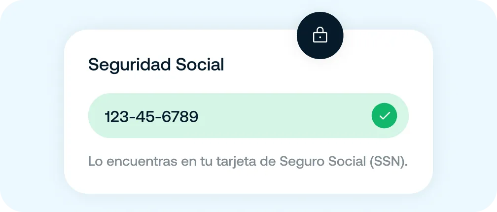Tarjeta con número de Seguridad Social 123-45-6789 destacado con fondo verde y marca de verificación, con texto que indica que se encuentra en la tarjeta de Seguro Social (SSN).