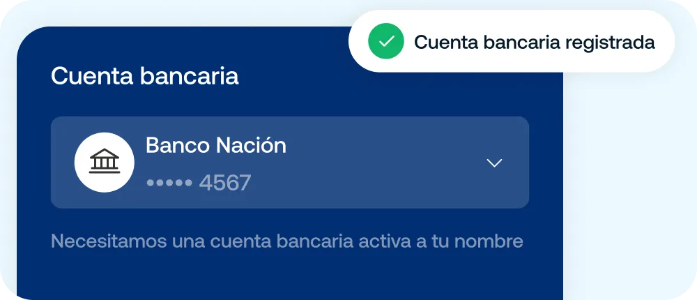 Interfaz de usuario de cuenta bancaria con selección de banco Nación mostrando últimos cuatro dígitos 4567 y mensaje de confirmación 'Cuenta bancaria registrada'.
