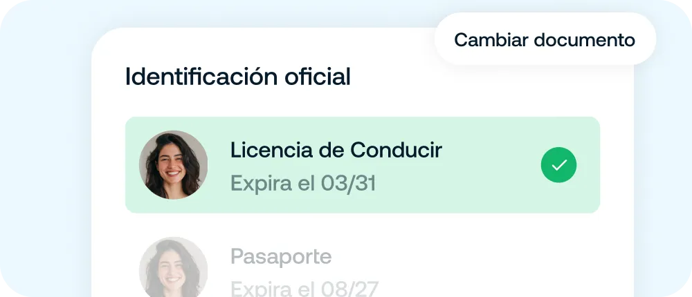 Sección de identificación oficial mostrando una opción seleccionada para Licencia de Conducir con expiración el 03/31 y un botón para cambiar documento.