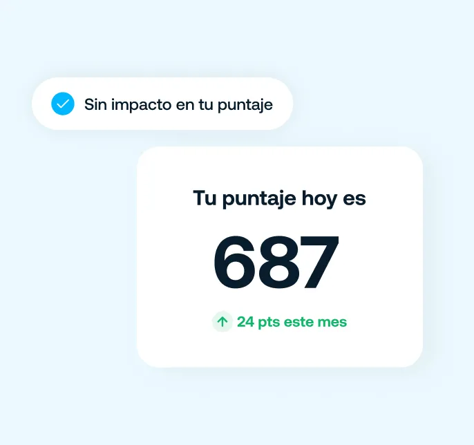 Pantalla que muestra que no hay impacto en tu puntaje, con el mensaje 'Sin impacto en tu puntaje' y el puntaje actual es 687 con un aumento de 24 puntos este mes.