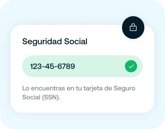 Tarjeta con número de Seguridad Social 123-45-6789 destacado con fondo verde y marca de verificación, con texto que indica que se encuentra en la tarjeta de Seguro Social (SSN).
